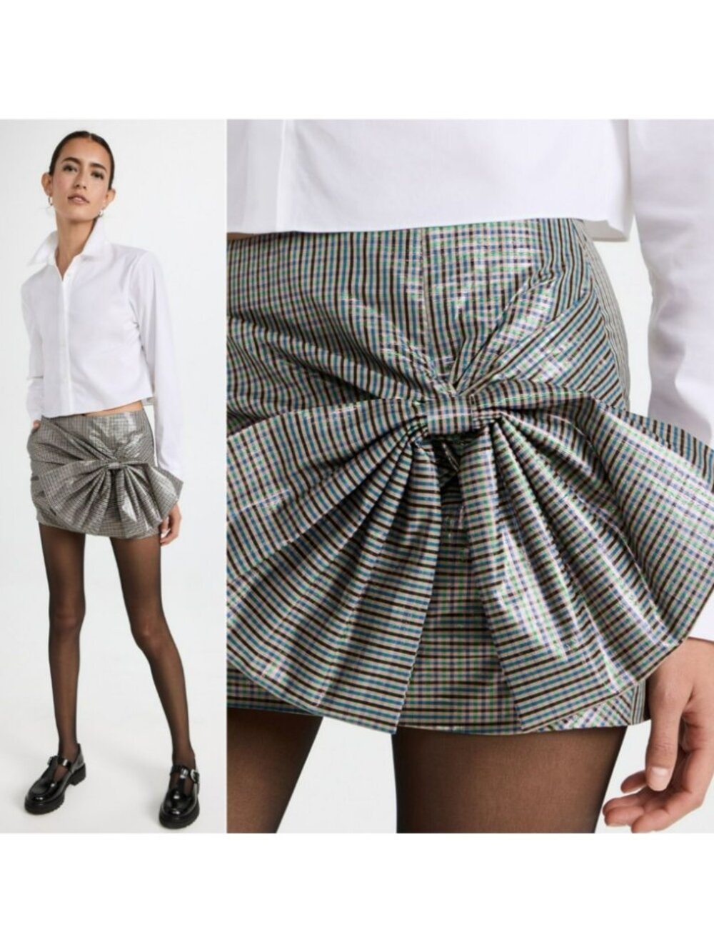 Pushbutton $536 Metallic Plaid Mini Skirt Large Bow Preppy School Pink Green - Picture 2 of 11